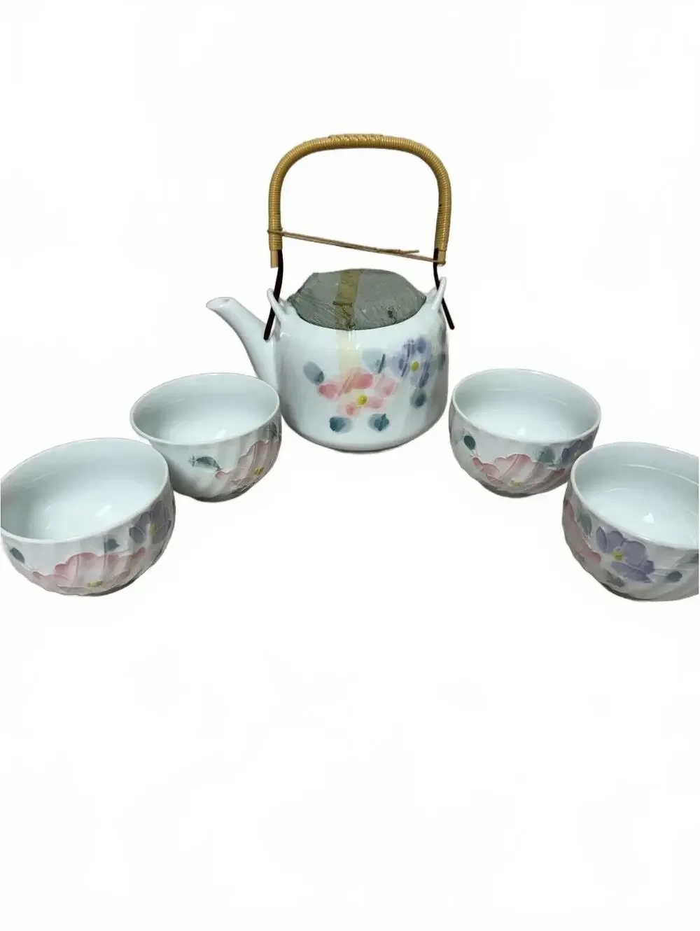 Vintage Made in Japan Floral Tea Set Teapot & 4 Cups Bamboo Handle
